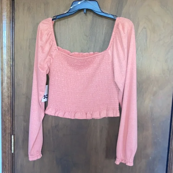 SO top blush crepe long sleeve smocked top boho cottagecore casual L jrs - Picture 15 of 16